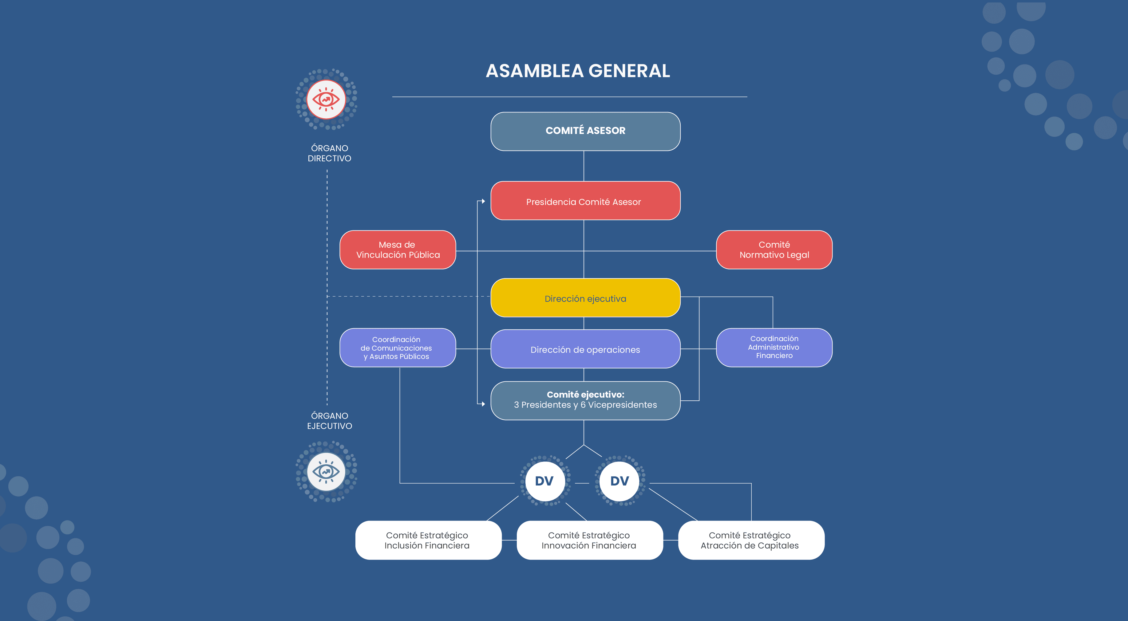 Diagrama de la estructura organizacional de la Asamblea General del Cluster Financiero, mostrando los diferentes comités, la mesa de vinculación pública, la dirección ejecutiva y los comités estratégicos de inclusión, innovación financiera y atracción de capitales.